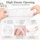Disposable shower cap being stretched by hands, white elastic opening for head