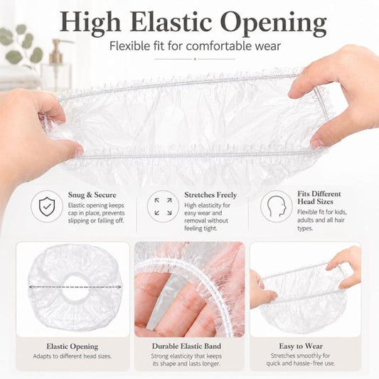Disposable shower cap being stretched by hands, white elastic opening for head