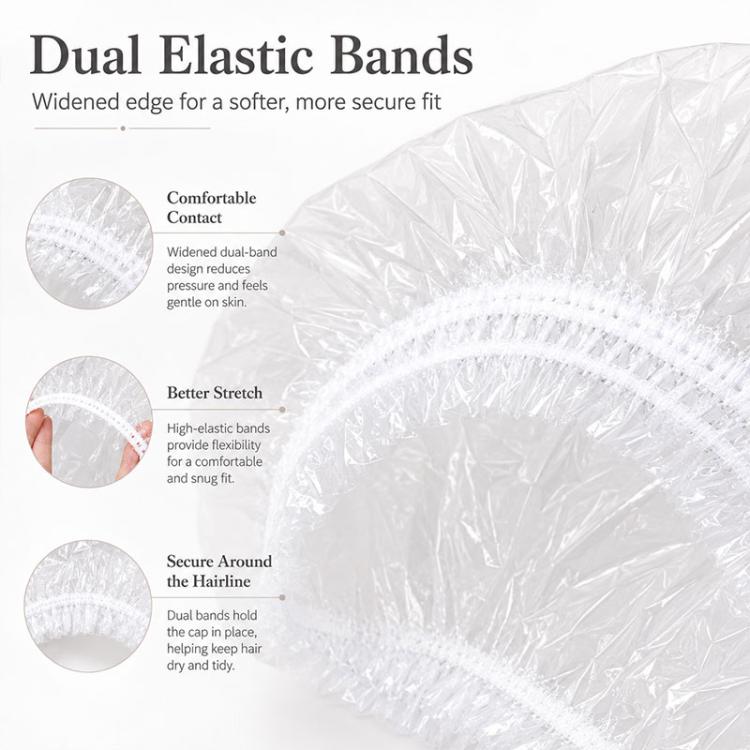 Disposable shower cap with dual elastic bands, widened rim for a softer secure fit