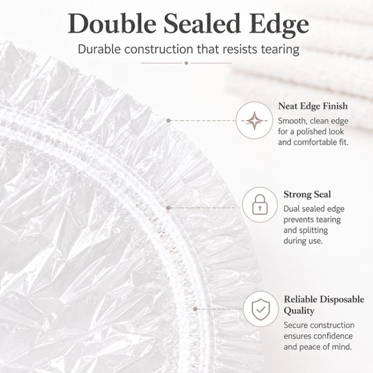 Disposable shower cap showing double sealed edge and smooth, neat finish