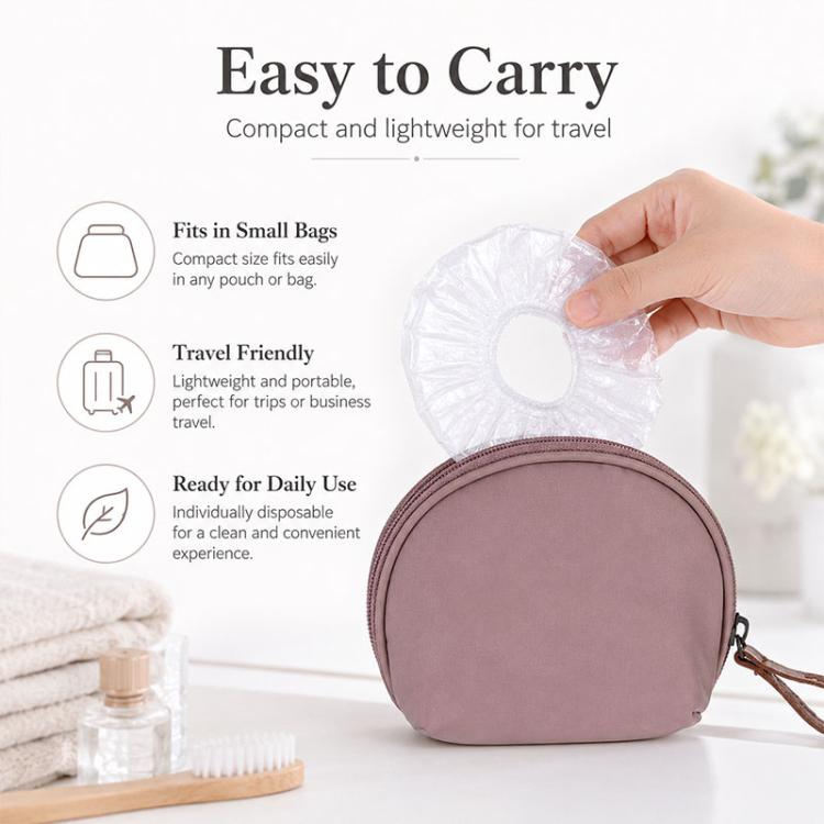 Disposable shower cap with compact zip pouch for storage, round cap and elastic opening