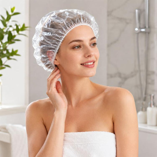Disposable shower cap on woman’s head, clear waterproof hair cover with elastic edge