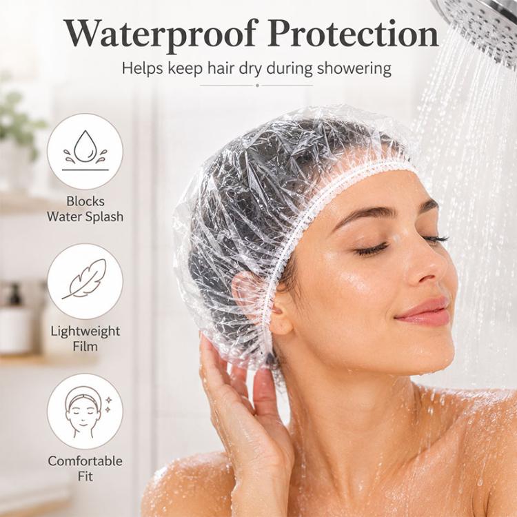 Disposable waterproof shower cap on woman, clear film covering hair with elastic rim