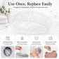 Disposable shower cap lying flat with hygiene icons, white round cap ready to use