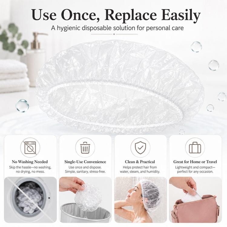Disposable shower cap lying flat with hygiene icons, white round cap ready to use