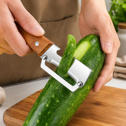 Multifunctional vegetable peeler with wooden handle and stainless steel blade