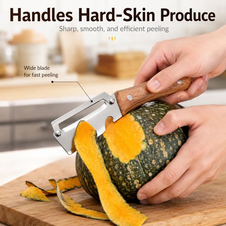 Vegetable peeler with wide stainless blade and wooden handle held on squash