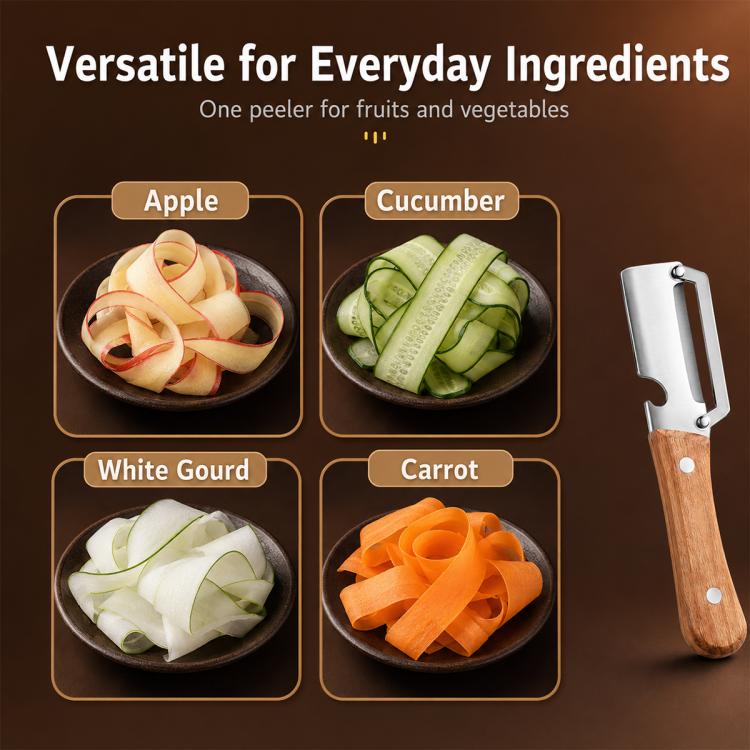 2-in-1 vegetable peeler with stainless blade and wooden handle