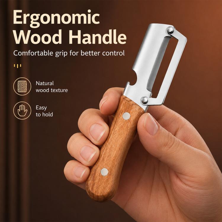 Ergonomic wooden-handled vegetable peeler with stainless steel blade