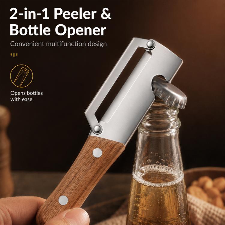 2-in-1 peeler and bottle opener with stainless head and wooden handle