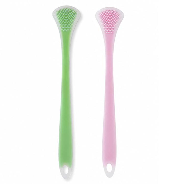 Pair of double-sided silicone tongue scrapers, green and pink bristle tips