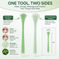 Double-sided tongue scraper with soft brush surface and curved scraper end