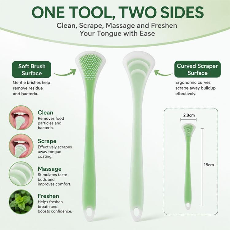 Double-sided tongue scraper with soft brush surface and curved scraper end