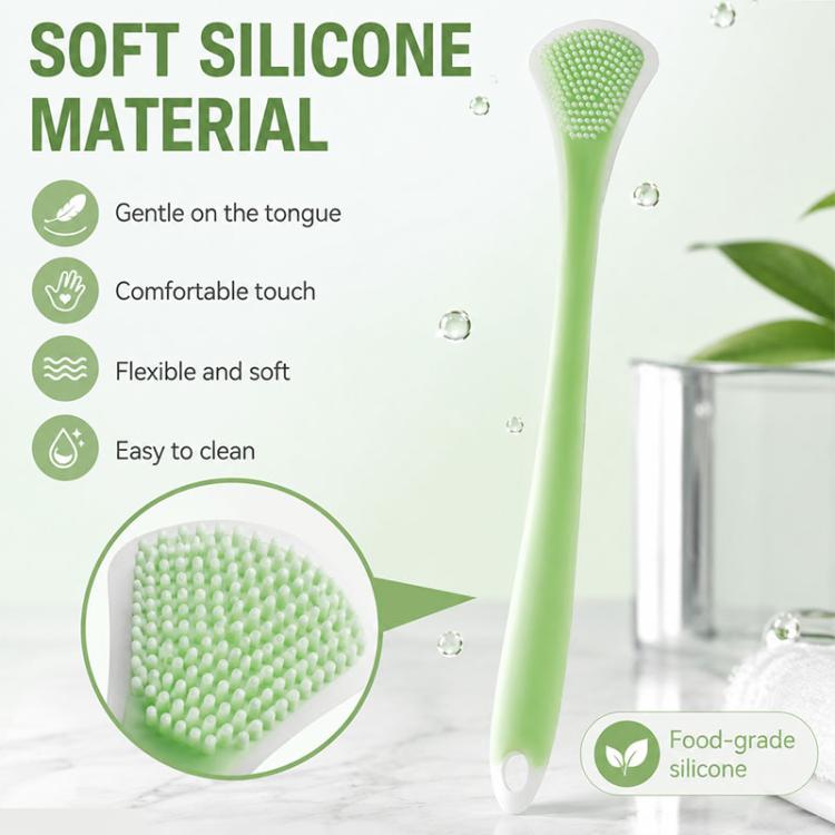 Green soft silicone tongue scraper with textured brush head and rounded handle
