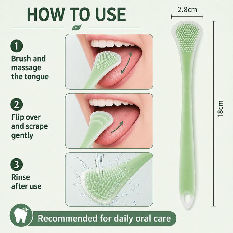 Green ergonomic silicone tongue scraper with hanging loop and curved scraper side