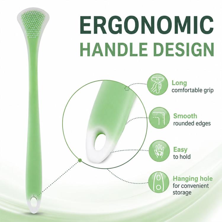 Green silicone tongue scraper with smooth grip handle and textured brush head