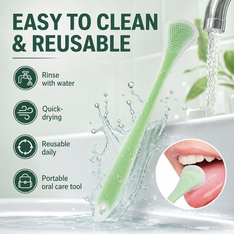 Green reusable silicone tongue scraper with textured bristle tip and curved end