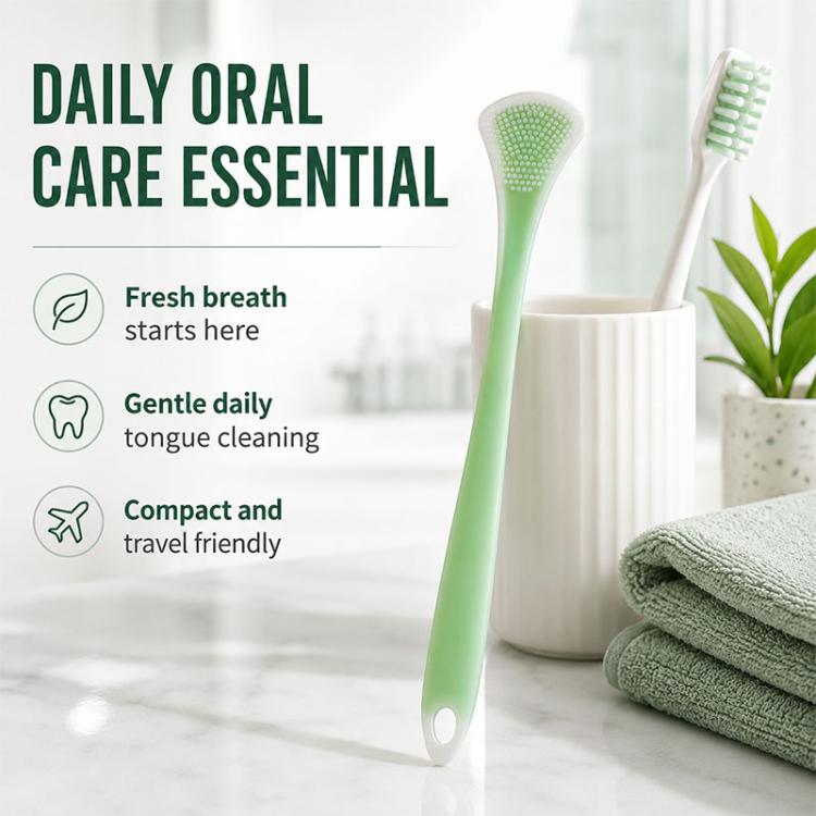 Green double-sided silicone tongue scraper with textured brush tip