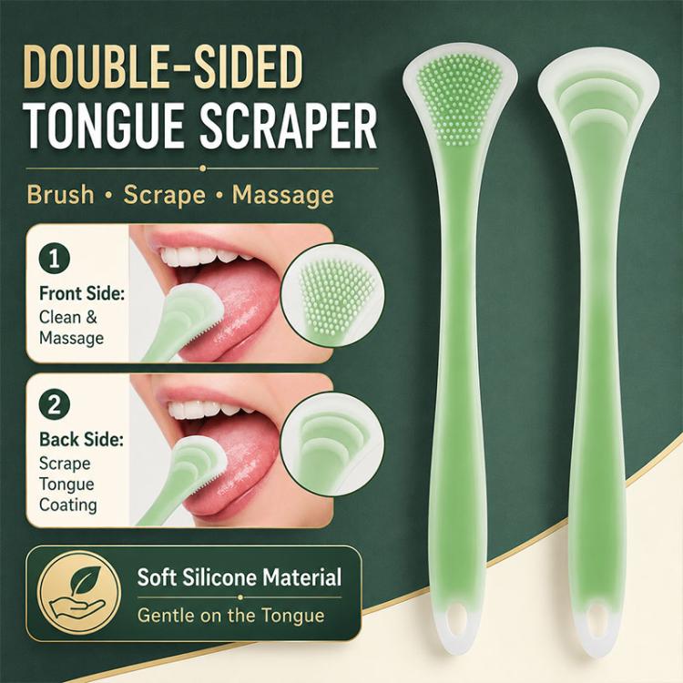 Double-sided tongue scraper tool with brush-and-massage and curved scraping side