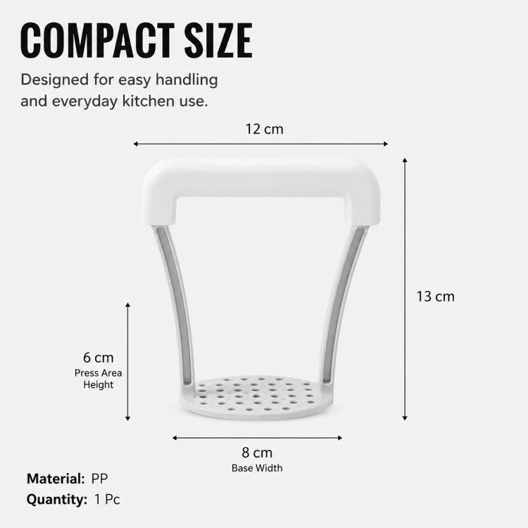Compact manual potato masher with white handle and round perforated base; PP material