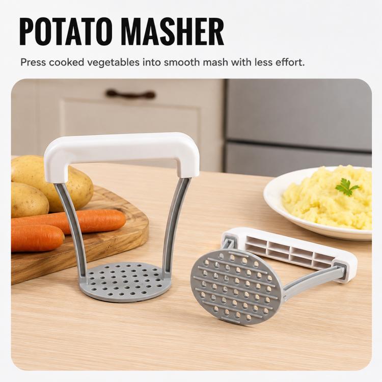 Manual potato masher and spare perforated plate accessory with white handles