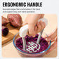Manual potato masher mashing purple vegetables in a glass bowl; perforated base