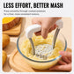 Manual potato masher pressing cooked potatoes in a glass bowl; perforated pressing plate