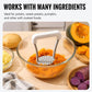 Manual potato masher over orange mash in a glass bowl; perforated base plate