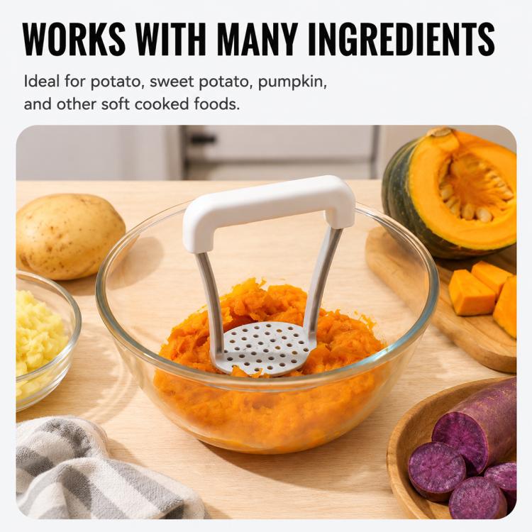 Manual potato masher over orange mash in a glass bowl; perforated base plate