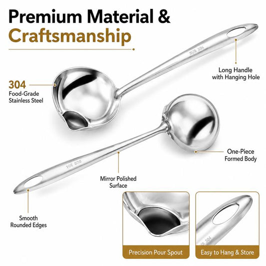 Stainless steel oil separating ladle with mirror-polished surface and smooth rounded rim