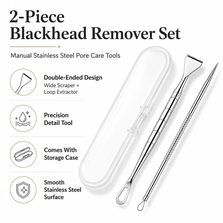 2-piece blackhead remover tools set in clear storage case with loop and scraper ends