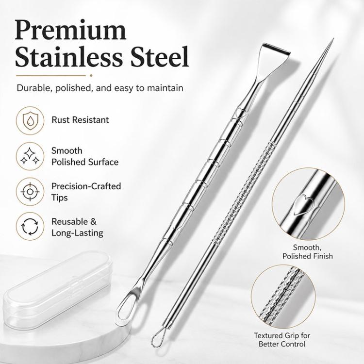 Premium stainless steel blackhead remover tools with textured grip and fine needle