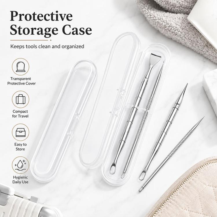 Clear protective storage case holding two stainless steel blackhead remover tools
