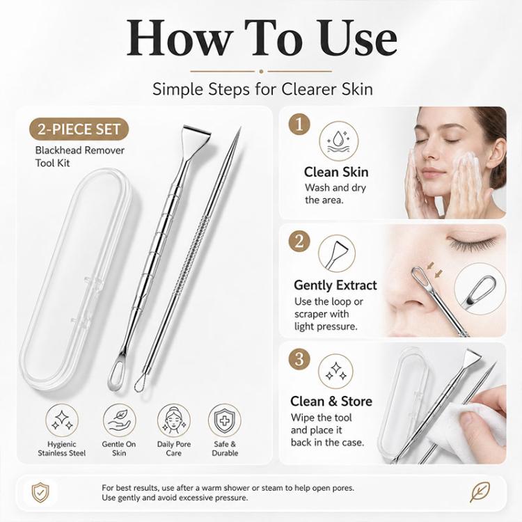 2-piece manual blackhead remover tool kit with loop extractor and wide scraper