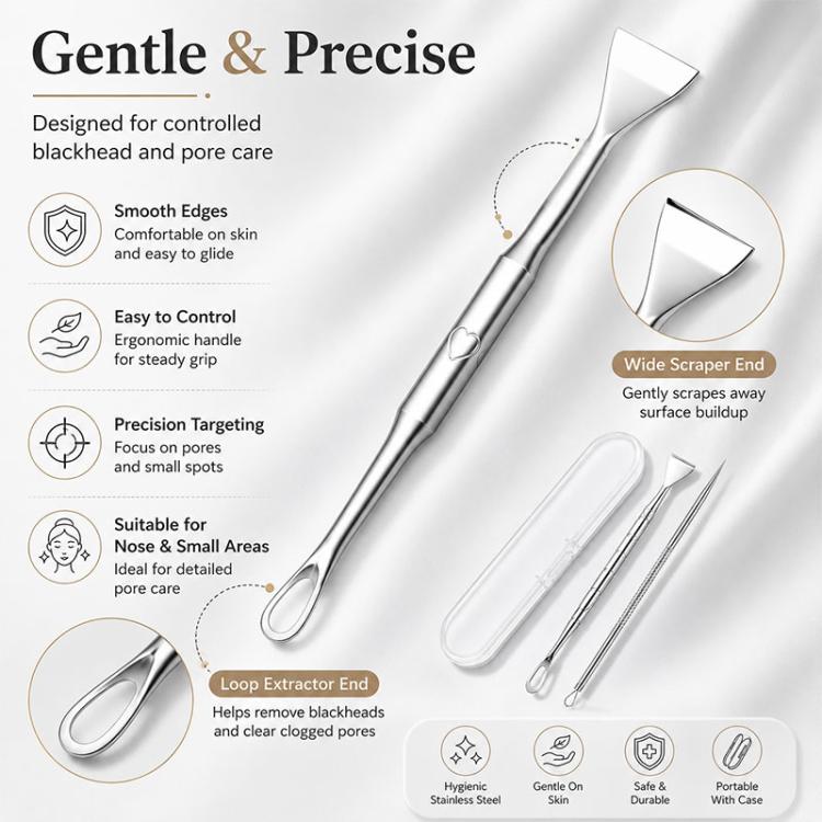 Gentle precision stainless steel blackhead tool with wide scraper and loop extractor ends