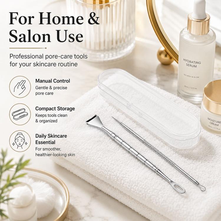 Stainless steel blackhead remover tools with clear protective storage case for home use
