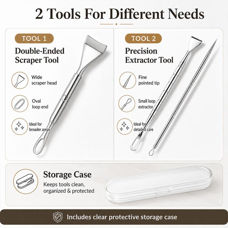Blackhead remover tool set with double-ended scraper, precision extractor, and storage case