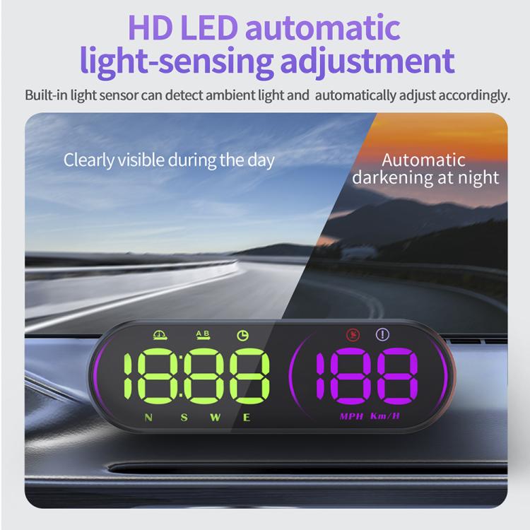 Car head-up display speedometer with green LED and purple digital speed readout