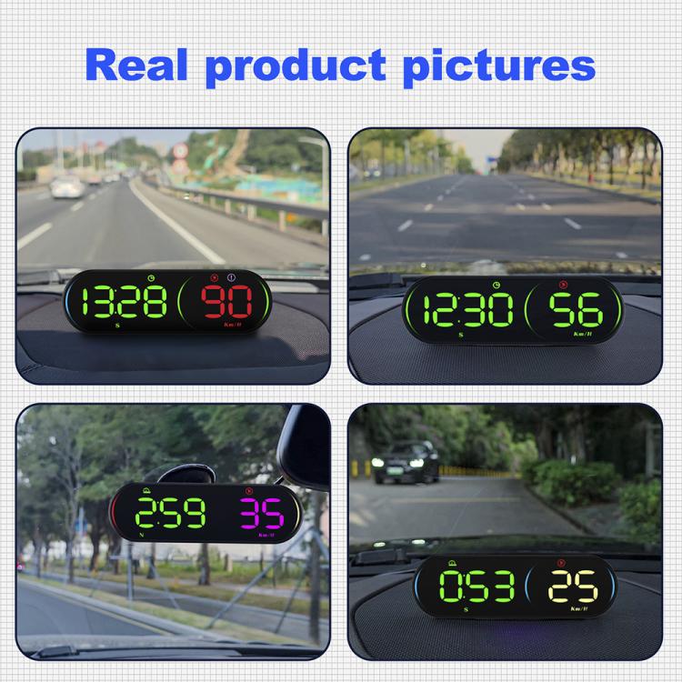 Car head-up display speedometer showing green LED speed and distance digits