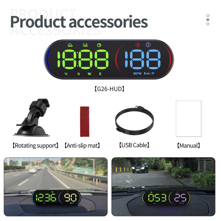 Car head-up display speedometer with dual-color LED panel, suction mount and USB cable