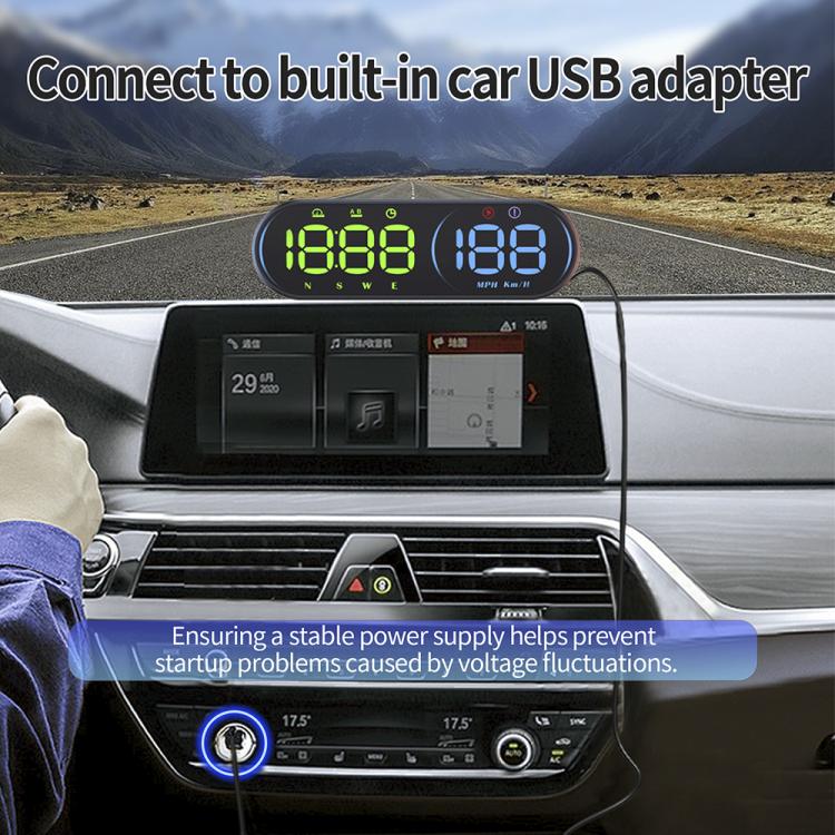 Car head-up display speedometer on dashboard with green and red LED speed digits