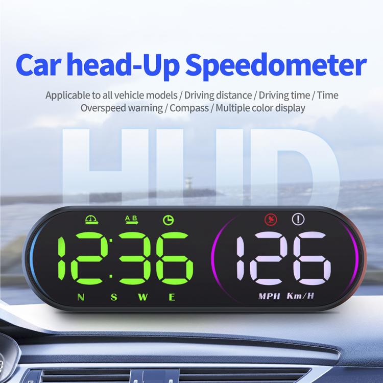 Car head-up speedometer HUD with large green and purple speed readouts