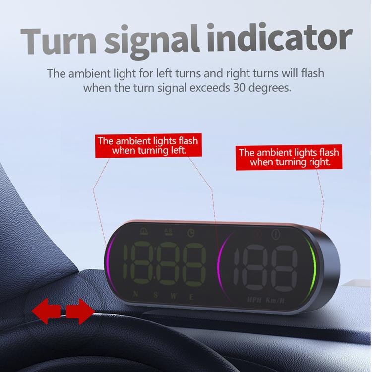 Car GPS HUD speedometer with turn-signal ambient light indicator on device