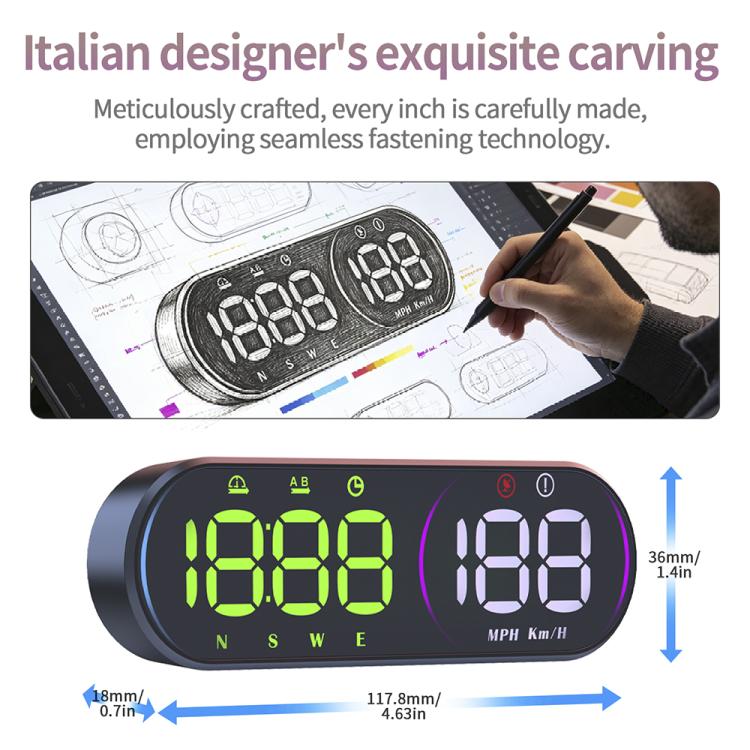 Car GPS HUD speedometer dimensions view with front display and mounting size info