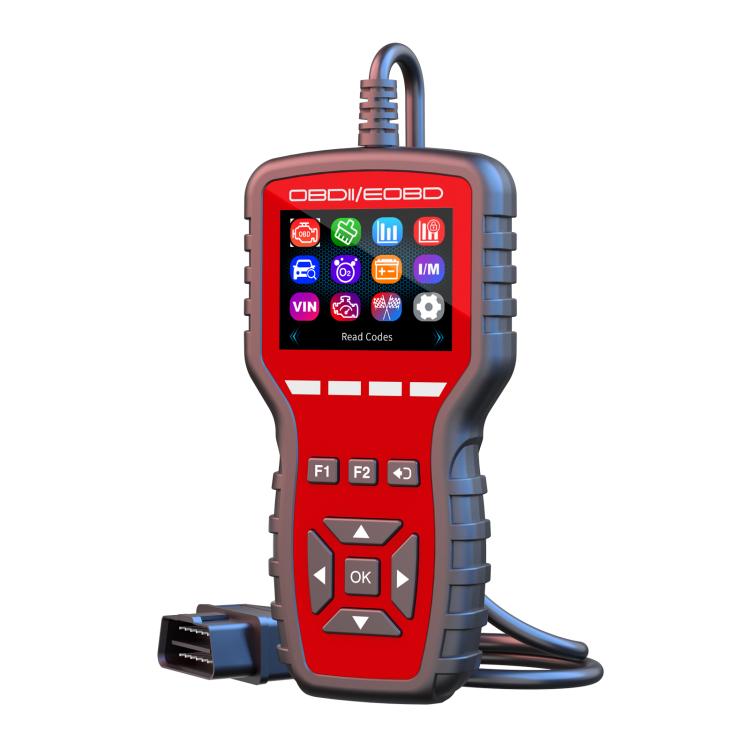 Red and black OBDII/EOBD diagnostic tool with LCD screen and button keypad