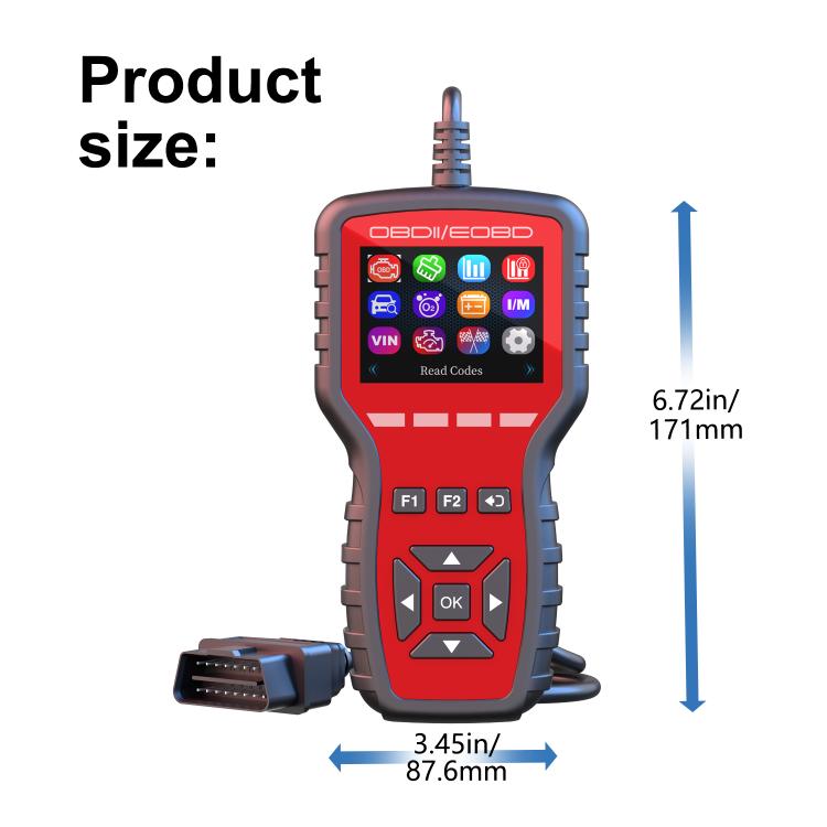 OBDII/EOBD car diagnostic tool with screen, buttons, and attached OBD connector