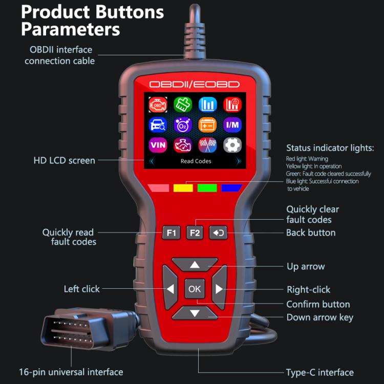 K2 OBDII scan tool front view with LCD screen, buttons, and status lights