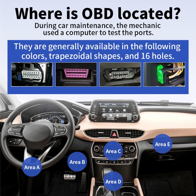 Car dashboard showing OBD connector location for K2 OBDII diagnostic tool