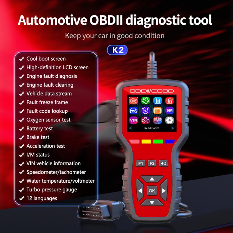 Car OBDII/EOBD diagnostic scanner tool with backlit LCD menu and function buttons