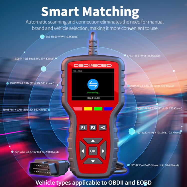 OBDII/EOBD smart diagnostic scanner with LCD display and multi-color status bars